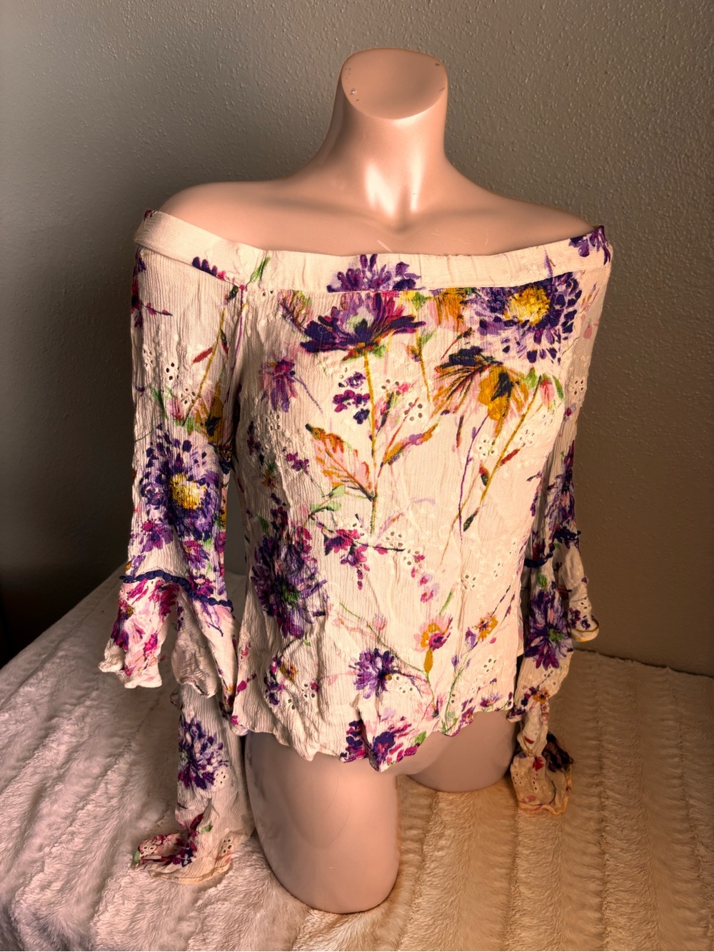 Venus Off-Shoulder Floral Peasant Top in Cream and Purple Cottagecore Boho Y2K